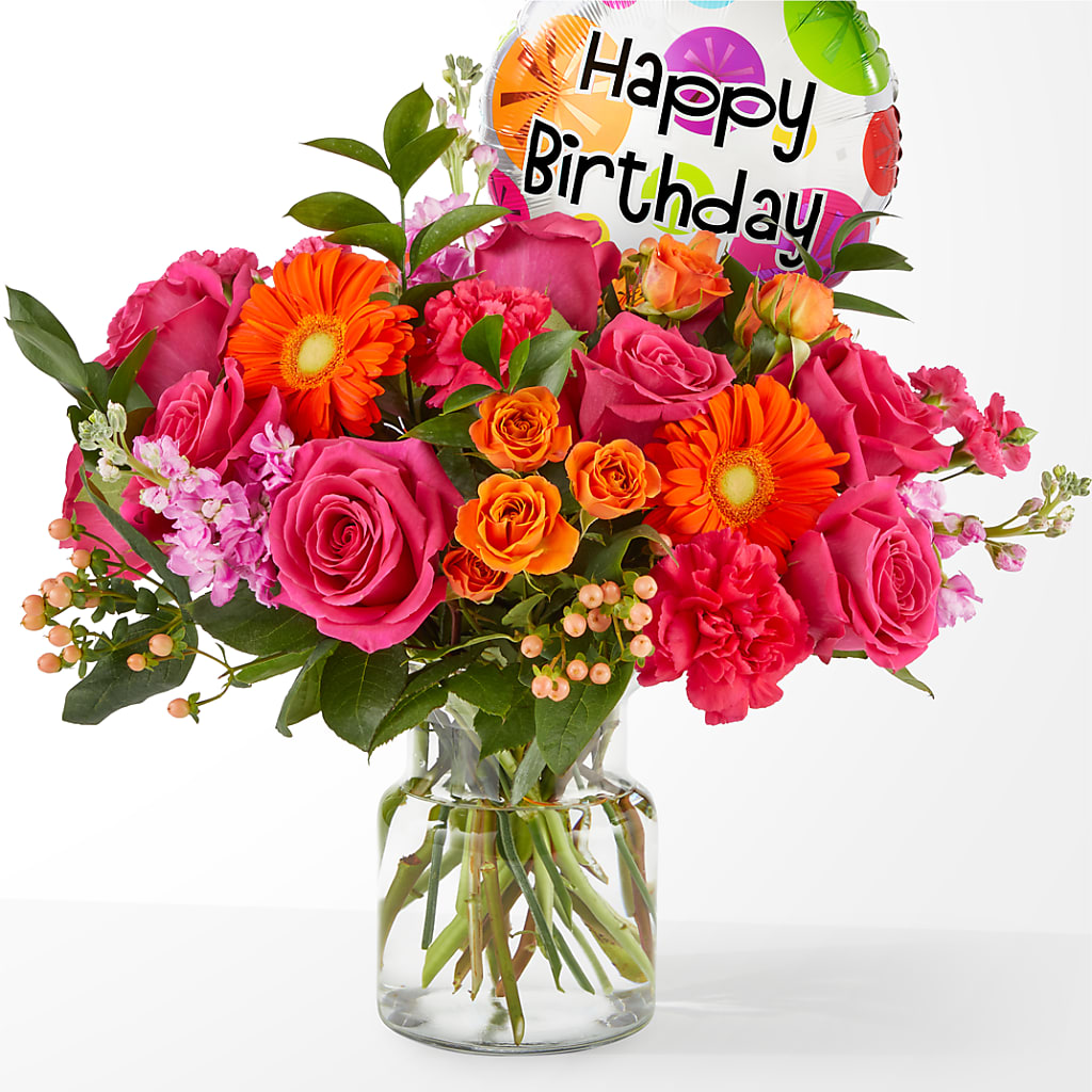 Fiesta Bouquet with Birthday Balloon – Red Rose Flowers, Salinas CA