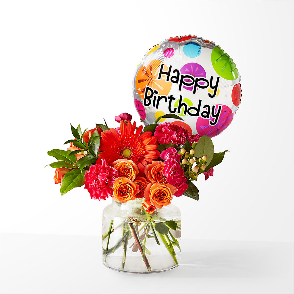 Fiesta Bouquet with Birthday Balloon – Red Rose Flowers, Salinas CA