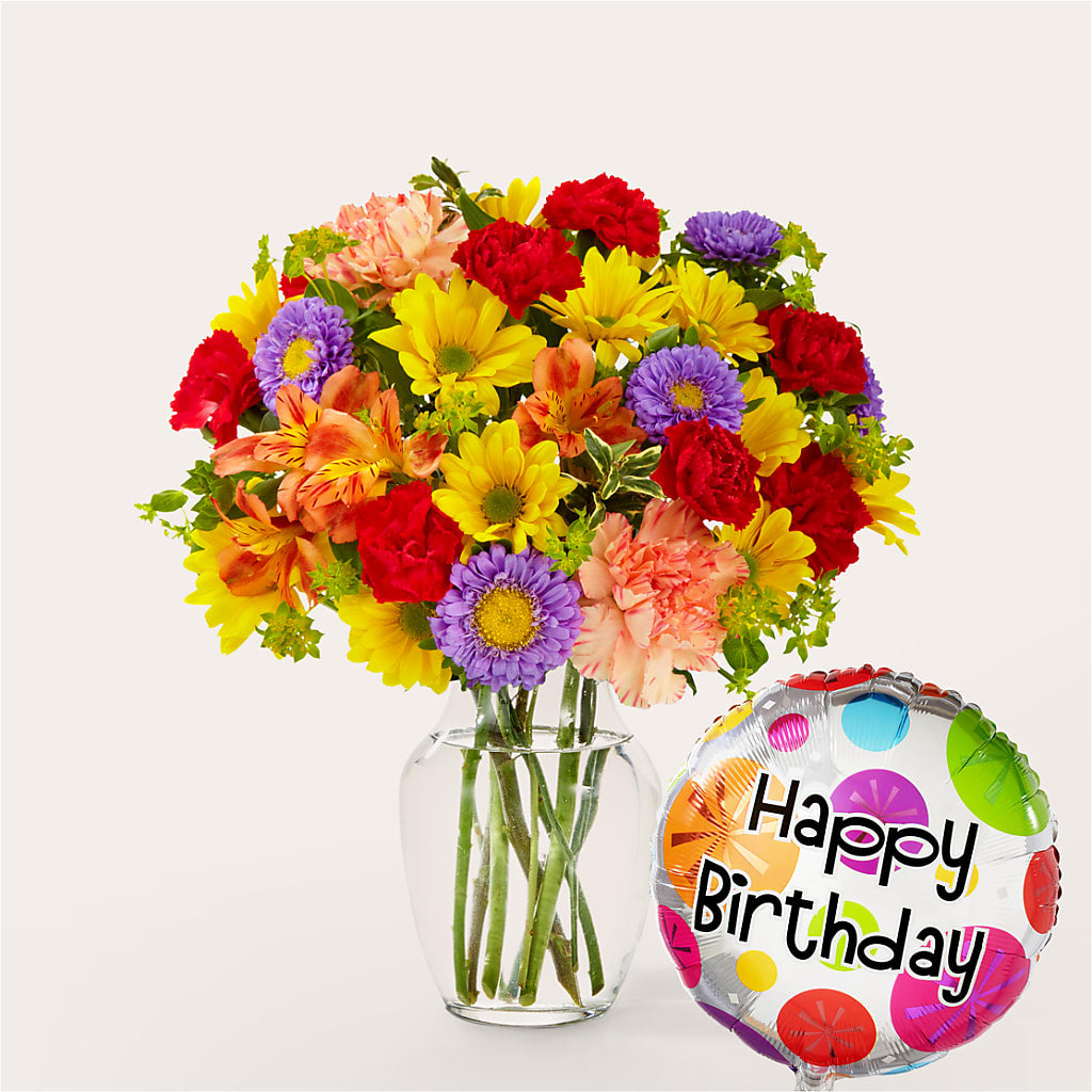 Kaleidoscope Bouquet with Birthday Balloon – Red Rose Flowers, Salinas CA