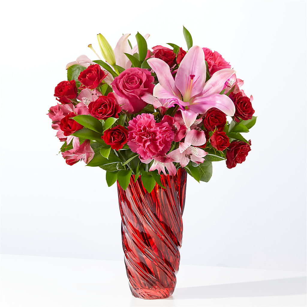 In Love Bouquet with Luxe Swirl Vase – Red Rose Flowers, Salinas CA