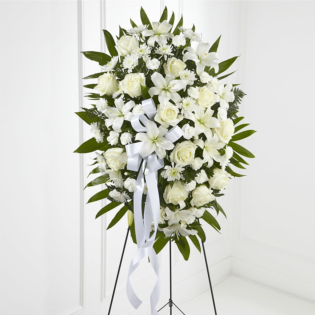 Exquisite Tribute Standing Spray-White Ribbon – Red Rose Flowers, Salinas CA