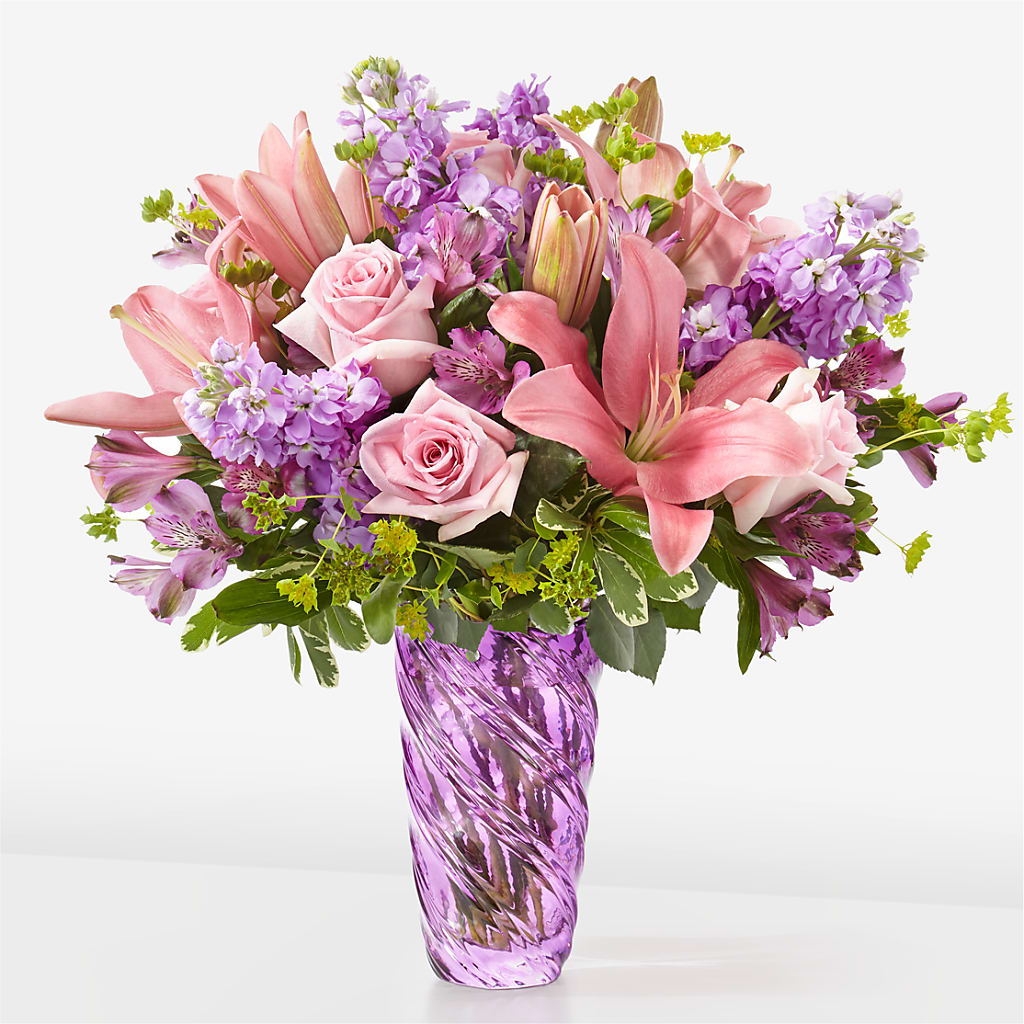 Precious Petals Bouquet with Luxe Swirl Vase – Red Rose Flowers, Salinas CA