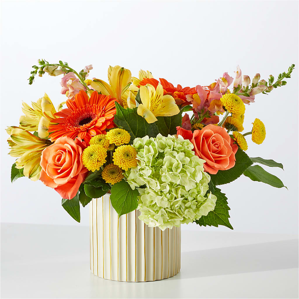 Autumn Sunshine Bouquet with Ivory Vase –  Red Rose Flowers, Salinas CA