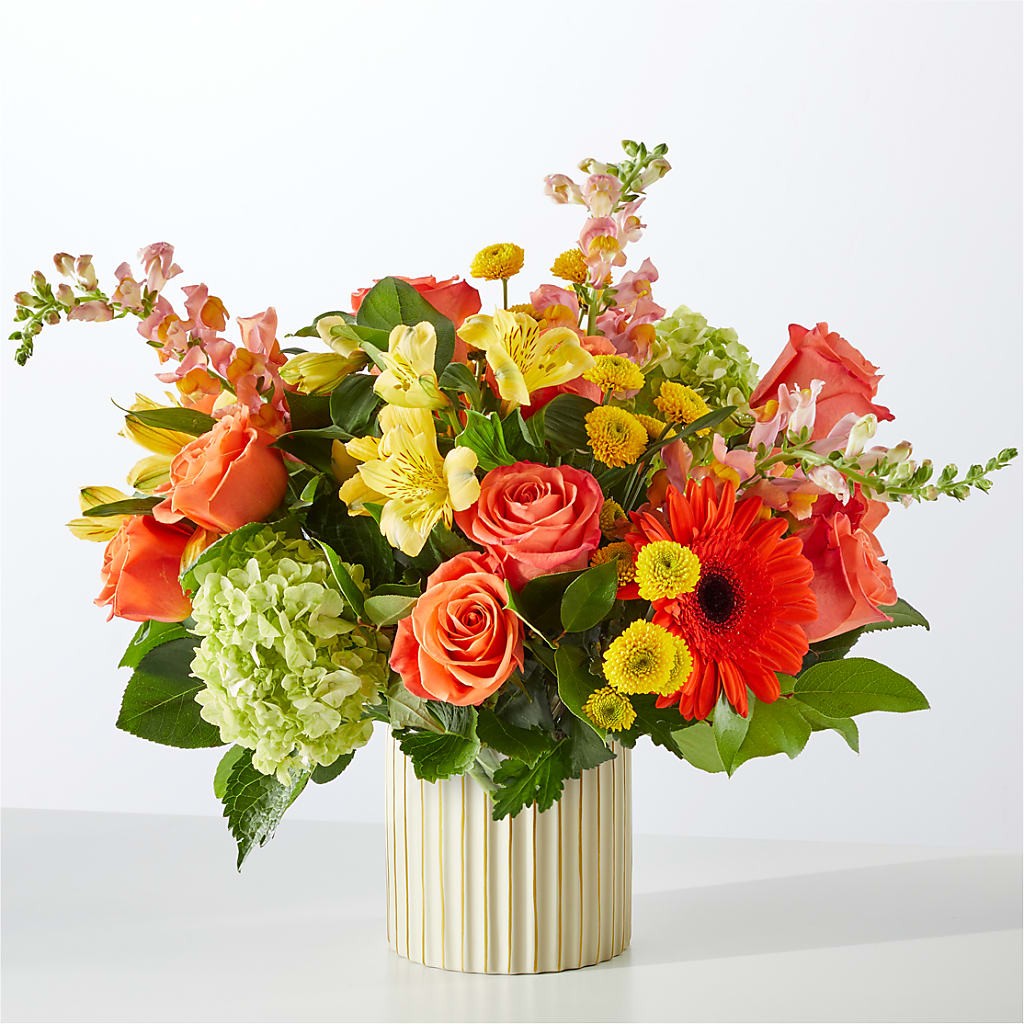 Autumn Sunshine Bouquet with Ivory Vase –  Red Rose Flowers, Salinas CA
