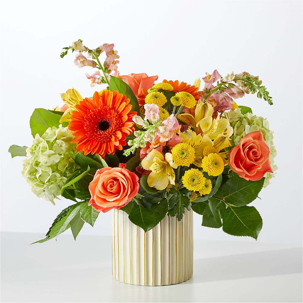 Autumn Sunshine Bouquet with Ivory Vase –  Red Rose Flowers, Salinas CA