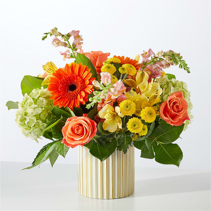 Autumn Sunshine Bouquet with Ivory Vase –  Red Rose Flowers, Salinas CA