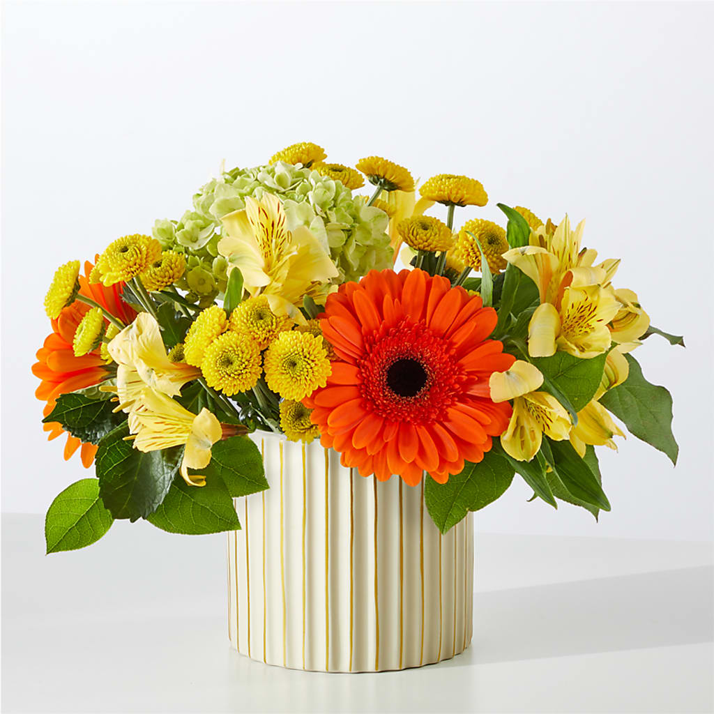 Autumn Sunshine Bouquet with Ivory Vase –  Red Rose Flowers, Salinas CA