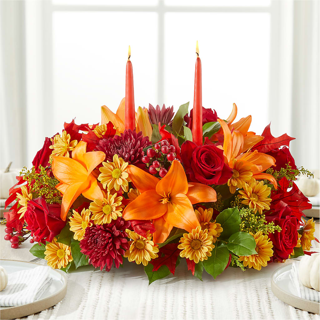 Autumn's Embrace Centerpiece –  Red Rose Flowers, Salinas CA