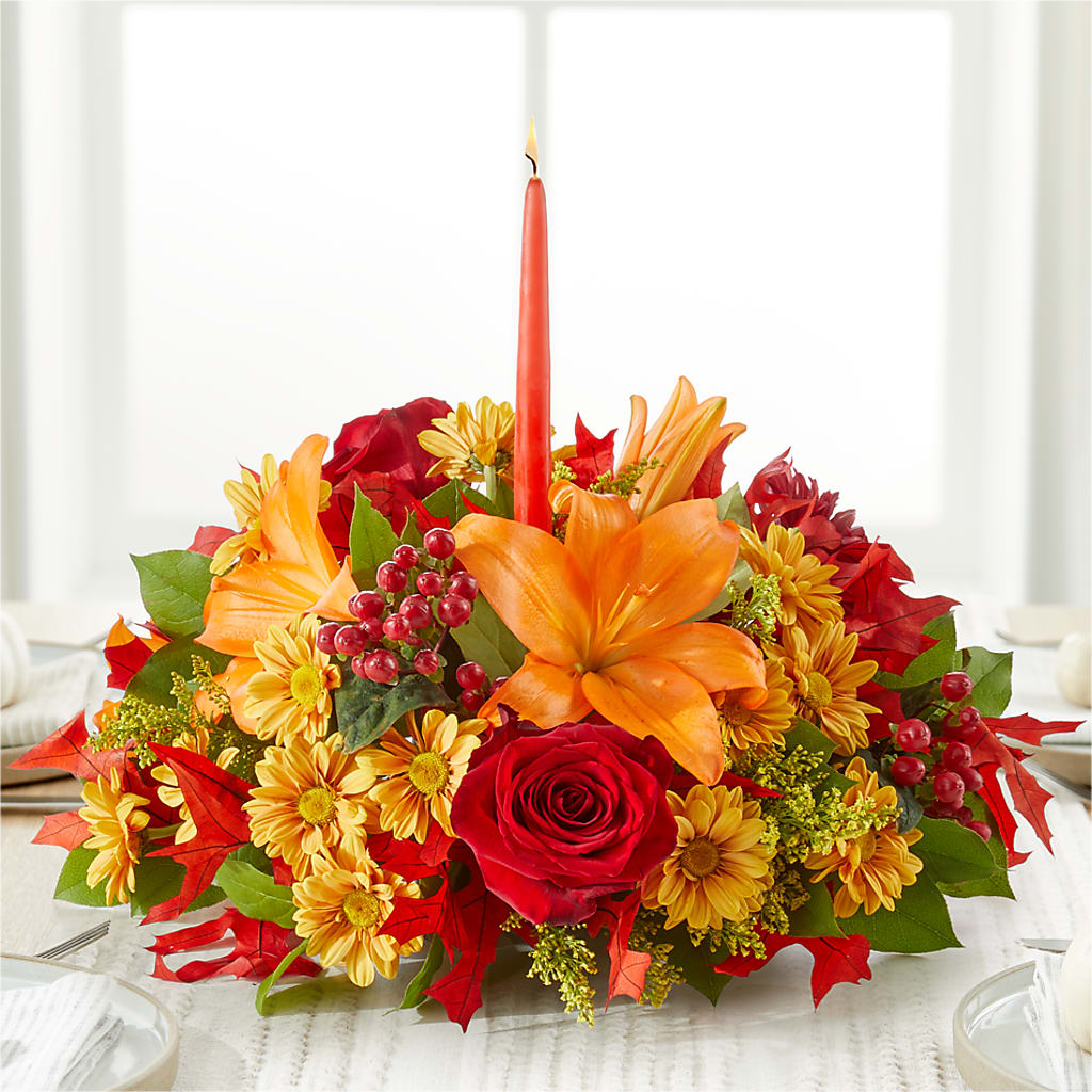 Autumn's Embrace Centerpiece –  Red Rose Flowers, Salinas CA