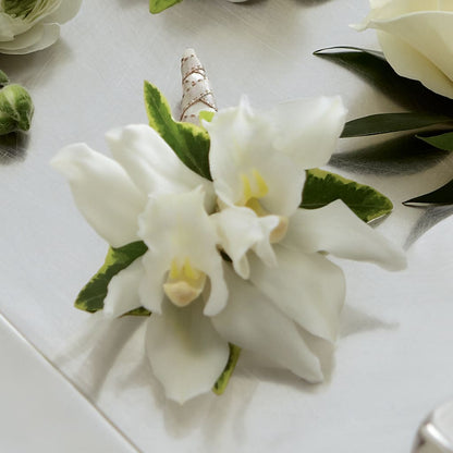 White Mini Cymbidium Boutonniere –  Red Rose Flowers, Salinas CA